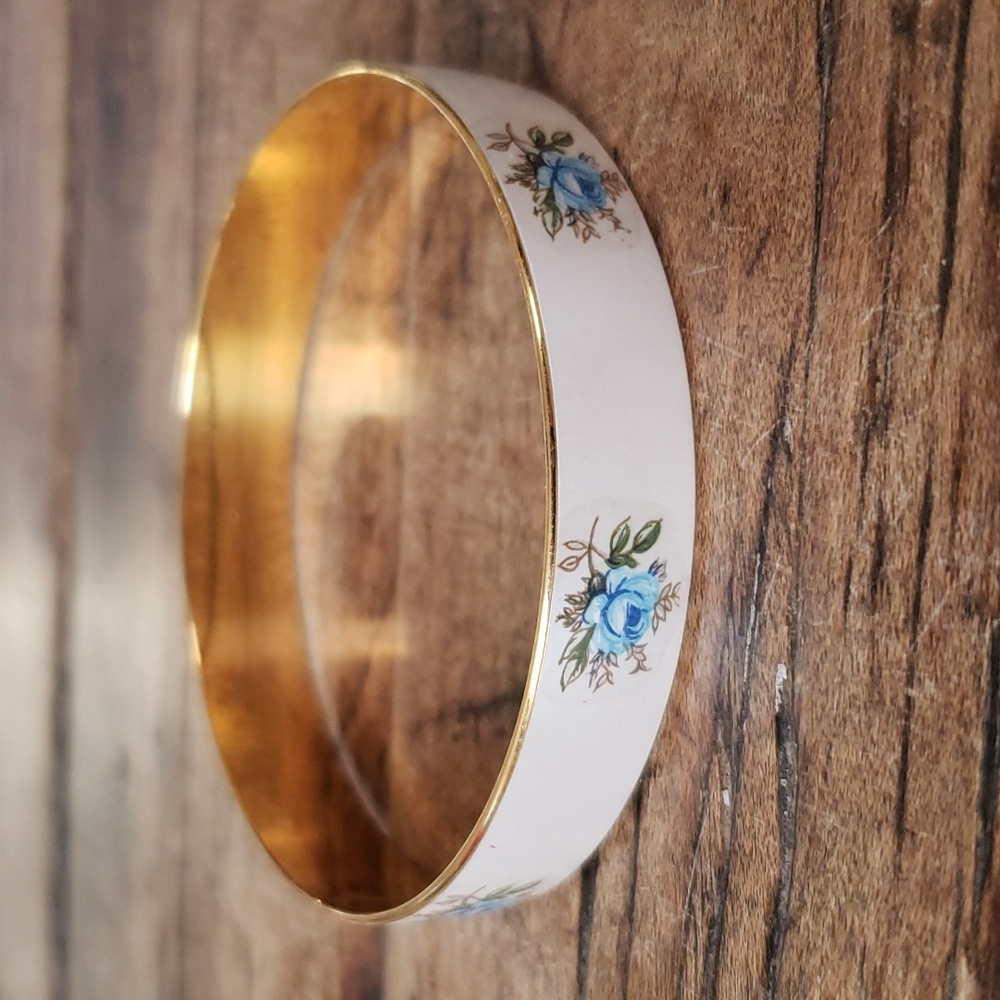 Vintage Gold and Pearl toned bangle Blue Roses, Japan